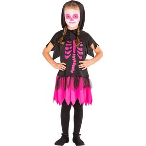 dressforfun - Skeletkleed met kap 128 (8-10y) - verkleedkleding kostuum halloween verkleden feestkleding carnavalskleding carnaval feestkledij partykleding - 300010