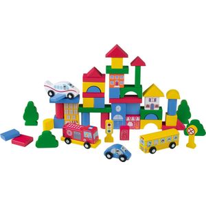 Playtive Houten bouwblokkenset - Trommel met houten speelgoed zoals blokken en voertuigen voor uren bouwplezier - Aanbevolen leeftijd: vanaf 1 jaar - Creatief plezier met een breed scala aan constructiemogelijkheden