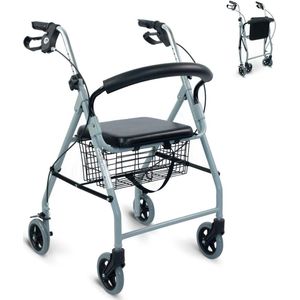 Opvouwbare Rollator - Grijs - Lichtgewicht Aluminium - 4 Wielen - Handremmen en Zitting