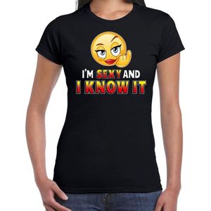 Funny emoticon t-shirt I am sexy and i know it zwart voor dames - Fun / cadeau shirt S