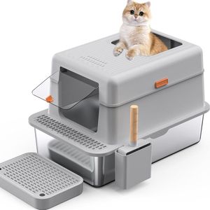 Goodivery ® Roestvrijstalen Kattenbak Met Verwijderbare Deksel En Dubbel Filtersysteem Voor Schoon Huis