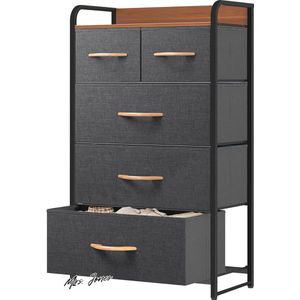 Mrs. Jones Ladekast kationische stof 5-lade opbergorganizer - slaapkamer woonkamer kast stevig stalen frame gemakkelijk te trekken stoffen bakken houten top stoffen dressoir donkergrijs .