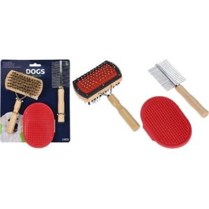 Honden - Borstelset 3-delig - Hout - Rubber - Metaal