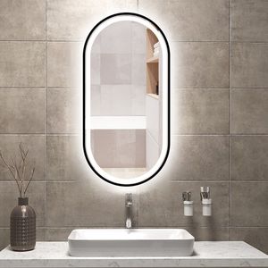 FENOMÉ Tokio Badkamerspiegel 80cm x 130cm Zwart spiegel met LED verlichting incl. spiegelverwarming – Dimbaar - ovaal