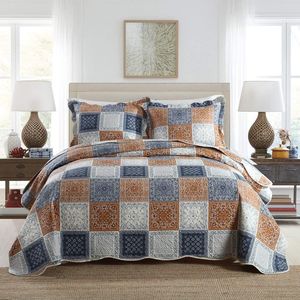 Sprei, bedsprei, 220 x 240 cm, patchwork deken van microvezel, bedsprei voor tweepersoonsbed, bankdeken, gewatteerd en gewatteerd, 3-delige set met 2 kussenslopen, geruit patroon
