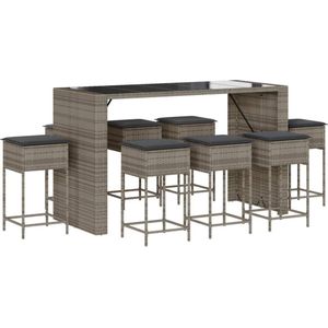 vidaXL Tuinbarset - 9-delig - Grijs - Inclusief kussens Tuinbarset - Pe Rattan - Buitendecoratie - Lounge Set - Bistro Set