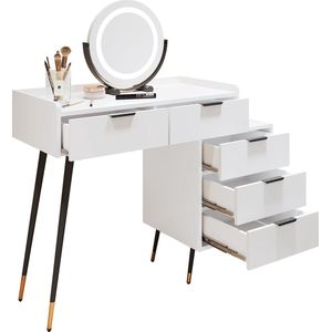 Merax Kaptafel Met Spiegel – Make-up Tafel Met Verstelbare LED-Verlichting en 5 Lades - Bureau met Vergulde Metalen Poten en Uitschuifbare Opbergruimte - Wit