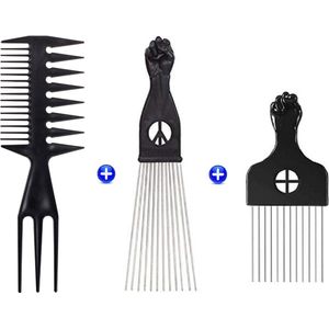 Maxenza Brede 3 Way Kam - Afro Kam - Afro Comb - Afro Pick - Styling Pik Afro Comb - Kappers Kam - Haar Kam Haar Accessoire - Set van 3 Maten en 3 Soorten - Zwart