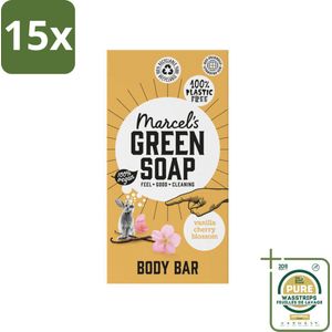 15 x Marcel's Green Soap - Body Bar - Vanilla & Cherry Blossom - Verzorgend & zacht - 150 gr - Grootverpakking - Body Bar - Zeep - Milieuvriendelijk - Vegan - Zeep Voor Huid