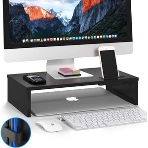 Laptop Verhoger - Houten Monitorstandaard Bureau Smartphonehouder Kabelbeheer Zwart laptop verhoger
