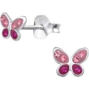 Joy|S - Zilveren vlinder oorbellen - roze paars kristal - 6 mm