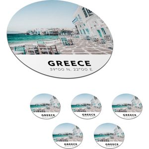 Onderzetters voor glazen - Rond - Griekenland - Zee - Terras - 10x10 cm - Glasonderzetters - 6 stuks