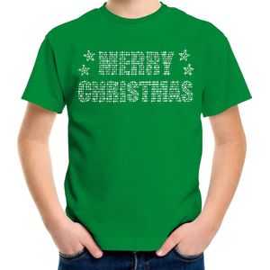 Glitter kerst t-shirt groen Merry Christmas glitter steentjes/ rhinestones  voor kinderen - Glitter kerst shirt/ outfit L
