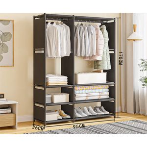 Dubbele Stoffen Kledingkast met Opbergrekken - 170 cm Hoog - Zwart - 95x36x170 cm