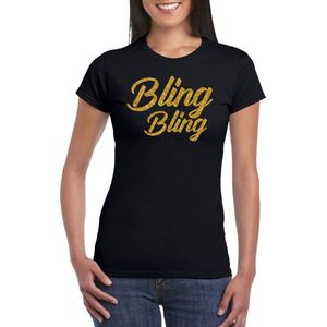Bellatio Decorations Glitter en Glamour feest t-shirt dames - bling bling goud - zwart - feestkleding L