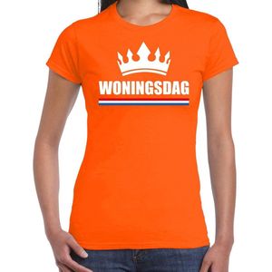 Koningsdag t-shirt Woningsdag met witte kroon oranje voor dames - Woningsdag - thuisblijvers / Kingsday thuis vieren S