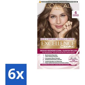 6 x L'Oréal Excellence Crème Permanente Crèmekleuring 6 Donkerblond - Haarverf - Permanente Haarkleuring - Grijsdekking - L'Oréal Paris - Excellence Crème