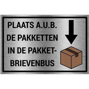 Pakketbrievenbus bord - brushed aluminium materiaal - grijs zwart - 60 x 40 cm