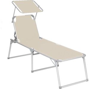 Loungestoel buiten - Ligbed - Tuinstoel - Ligstoel - Buitenstoel - Met zonnekap - Inklapbaar - Beige