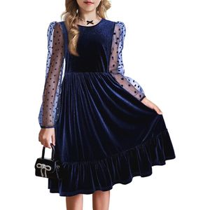 Arshiner Meisjesjurk met lange mouwen, fluweel, A-lijn, feestelijke jurk, ruches, prinsessenjurk, kinderen, herfst, winter, feestjurk, Halloween, kerstjurk met zak, 6-13 jaar