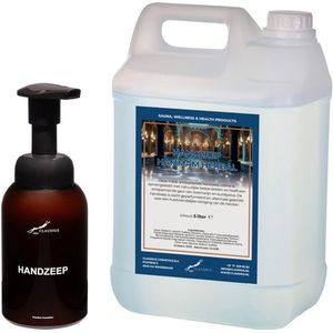Zeepdispenser 300 ml amber bruin hervulbaar + 5 liter Handzeep Hammam Herbal navulling