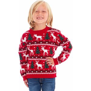 Kersttrui voor kinderen - Rendieren en Kerstbomen - Voor jongens of meisjes - maat 9/10 jaar - foute kersttrui kind