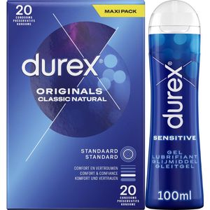 Durex - Condooms Natural 20 stuks - Glijmiddel Sensitive 250 ml - Voordeelverpakking