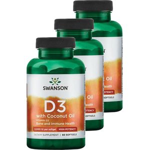 Swanson | Vitamine D3 Met Kokosolie 2000IU | 60 Softgels | 3 stuks | 3 x 60 Softgels