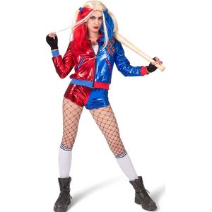Funny Fashion - Harley Quinn Kostuum - Hilarische Harley - Vrouw - Blauw, Rood - Maat 36-38 - Carnavalskleding - Verkleedkleding