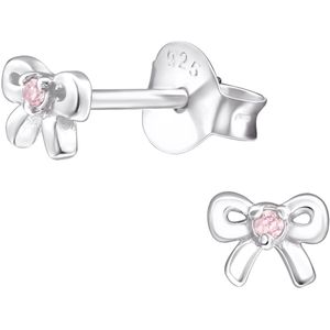 Joy|S - Zilveren strikje oorbellen - 5 x 3.5 mm - massief sterling zilver 925 - zirkonia roze - geboorte steen oktober - oorknopjes - kinderoorbellen