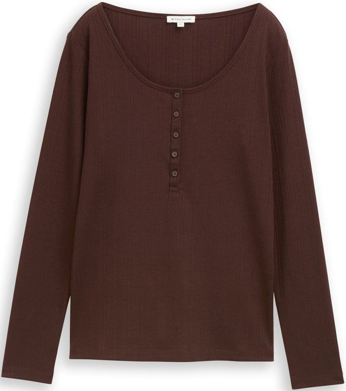 TOM TAILOR - Shirt - Donkerbruin - Lange Mouw - Slanke Pasvorm