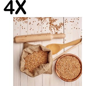 BWK Textiele Placemat - Natuurlijke Ingredienten met Houten Keukengerei - Set van 4 Placemats - 50x50 cm - Polyester Stof - Afneembaar