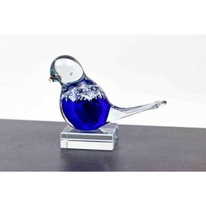 Mini Urn Vogel Blauw op kristallen sokkel, Glazen Urn