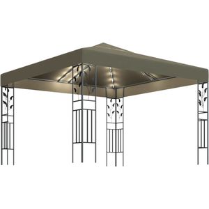 vidaXL Prieel met LED-lichtslinger 3x3 m taupe - Prieel Met Lichtslinger - Prieeëlen Met Lichtslingers - Luifel - Luifels