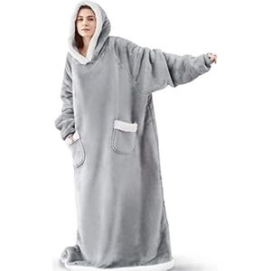 Extra lange hoodie deken sweatshirt, super warm en gezellig grote deken hoodie, draagbare dikke flanellen deken met mouwen en handige zakken voor vrouwen en mannen, Lichtgrijs, XXL/3XL