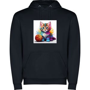 Donker Blauwe unisex hoodie met “ Kleurrijke Kitten met bol wol“ Print Full merk Roly maat 152 11/12 jaar