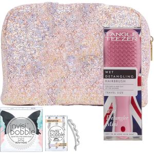 Set: wet detangling hairbrush - rose, invisbobble waver clear en Bowtique zwart - in een tasje