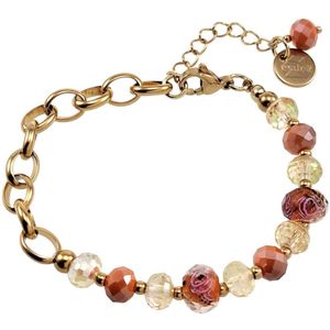 Armband Dames - Verguld RVS - Ovale Schakelarmband met Oranje Kristallen en Murano Glaskralen - Verstelbaar