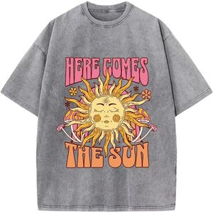 Dames T-shirt top shirt 'Here Comes The Sun' - Grijs - Antraciet - festival - maat S