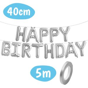 Happy Birthday Ballonslinger – Folie Ballonnen Slinger – Verjaardag Versiering Folie Ballon – Zilveren Feest Decoratie – Party Feestversiering – Kinderen en Volwassenen – Kinderfeestje – 5m Lint – Zilver