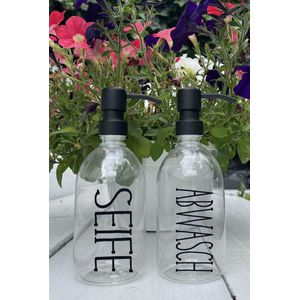 BBBLS Design Dispenser Giftset ""Seife Abwasch"" | Transparant Glas | 500ml | RVS / Metaal Pomp Zwart | Zeeppomp | Zeepdispenser | Zeephouder
