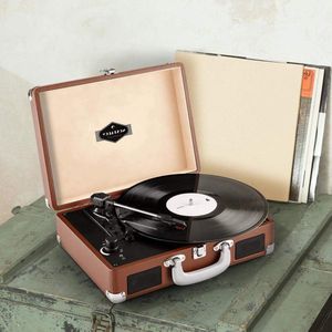Vintage platenspeler met draagbare koffer - Geïntegreerde luidsprekers - USB - 3 schijfformaten - Bruin