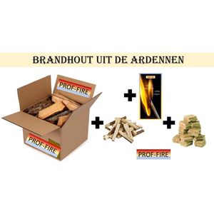 Prof-Fire | 10 Kg Brandhout - Haardhout pakket + Aanmaakhout + Aanmaakblokjes + Doos Lange Lucifers - Natuurlijk Gedroogd Brandhout (Mix van Eik - Beuk, Es....) uit de Ardennen - Top Kwaliteit - Kachel - Vuurschaal - Openhaard - BBQ