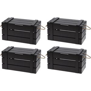 4x stuks houten opberg/opslag kratten/kisten stapelbaar met deksel zwart 18 x 34 x 18 cm - Woondecoratie kratjes/kistjes
