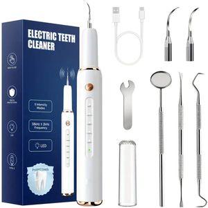Multifunctionele Elektrische Tandenreiniger met 5 Reinigingsstanden – Flosapparaten - Monddouche , LED Licht, USB Oplaadbaar, Inclusief 3 Metalen Opzetstukken & 2 Vervangbare Borstelkoppen
