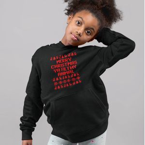 Kerst Hoodie Zwart Kind - Merry Christmas Ya Filthy Animal Red (7-8 jaar - MAAT 122/128) - Kerstkleding voor jongens & meisjes