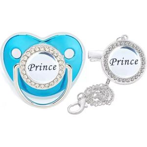 Fopspeen met clip- Prince fopspeen- PRINCE - Jongens fopspeen- 0 - 18 Maanden - Grijs / Blauw- Silica gel - Luxe fopspeen met diamanten - Baby geschenk