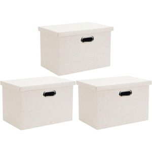 TheLau ® Stijlvolle Opvouwbare Opbergdozen met Deksel voor Veelzijdig Gebruik, Set van 3, Beige, 39x27x25 cm