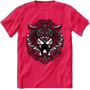 Tijger - Dieren Mandala T-Shirt | Lichtblauw | Grappig Verjaardag Zentangle Dierenkop Cadeau Shirt | Dames - Heren - Unisex | Wildlife Tshirt Kleding Kado | - Roze - XXL