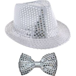 Toppers - Carnaval verkleedkleding setje - glitter hoedje en vlinderstrikje - zilver - volwassenen - met pailletten